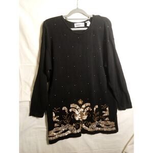 Trimmings Womens Vintage 90s Black Sweater Gold Sequins Large